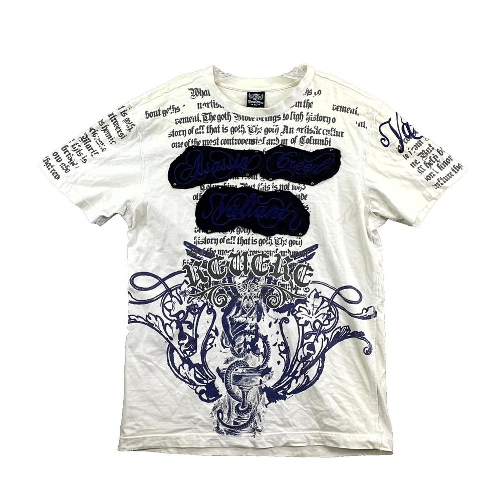 Raw Blue T Shirt Mens XL‎ White Graphic Print Gothic Script Tattoo Grunge Y2K